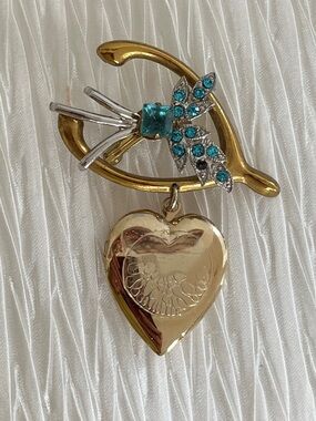 VINTAGE Wishbone Brooch Blue Rhinestones Dangling Heart Shape Locket Mid-Century